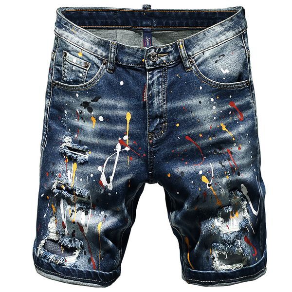 Summer Short Jeans Men Torn Stretch Shorts Male New Streetwear Hand Painted Paint Pants