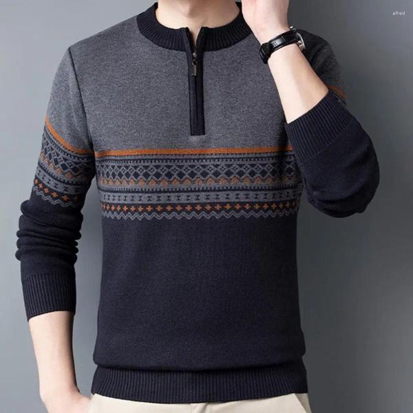 Men&#039;s Sweaters Men Color Block Sweater Lightweight Knitted Vintage Striped With Zipper Decor Crew Neck For Winter