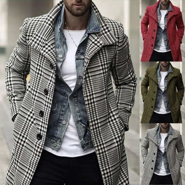 Mens Coat Winter Jacket Men Overcoat Warm Clothes Wool Outwear Long Black White Plaid Blends Cardigan Male Coat Plus Size S-3XL 240131