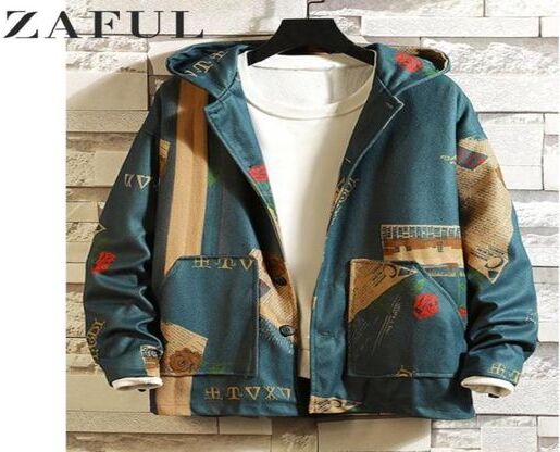 ZAFUL Newspaper Flower Letter Graphic Print Hooded Jacket Cotton Men Vintage Print Button Pocket Coat Daily Outdoor Jackets2791261