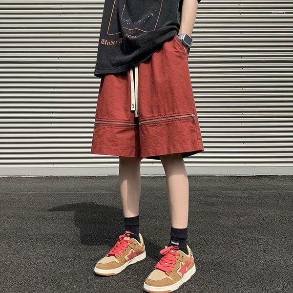 Men&#039;s Shorts Summer Wine Red Hole Zipper Sports Retro Large Size High Street Casual Loose Five-point Pants Male Clothes