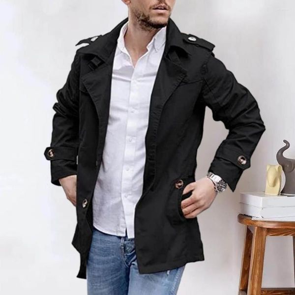 Men&#039;s Trench Coats Phone Pocket Coat Stylish Mid Length Windproof Casual Streetwear Jacket With Lapel Button Decor For Fall