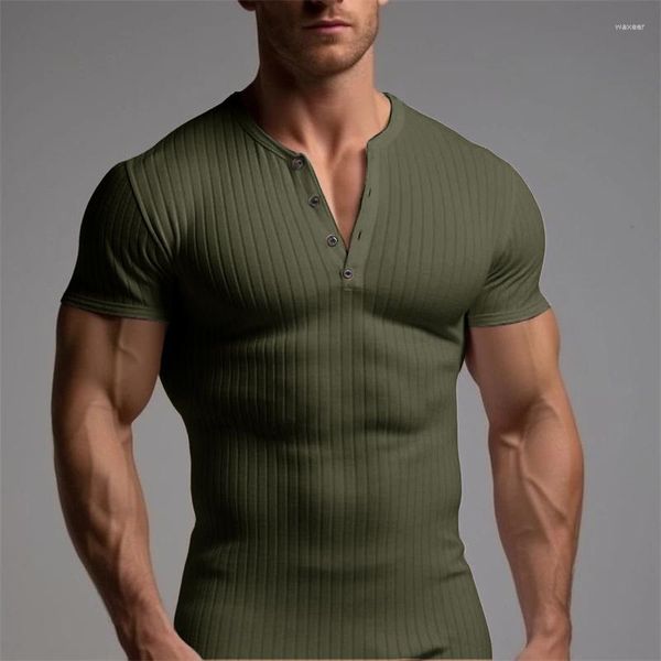 Men&#039;s T Shirts 2023 Summer Casual Pure Color Shirt Men Ribbed Short Sleeve Henly Collar Slim T-shirt Fashion Mens Clothes Sports Fitness