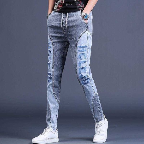 Men&#039;s Jeans High Quality Mens Colorcontrast Patches Denim PantsSlimfit Embroidery Decors Blue JeansStreet Fashion Casual Jeans Pants Z0508