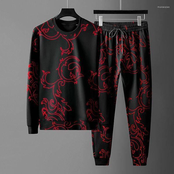 Gym Clothing Autumn High-end Chinese Style Printed Running Wear Suit Men&#039;s Round Neck Long-sleeved T-shirt Sports And Leisure Two-piece