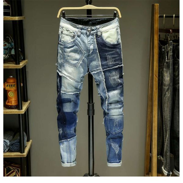 Moto For Men Slim Fit Elastic Fashion Pockets S Trousers Hip Hop Streetwear Patchwork Pants Male Punk Jeans