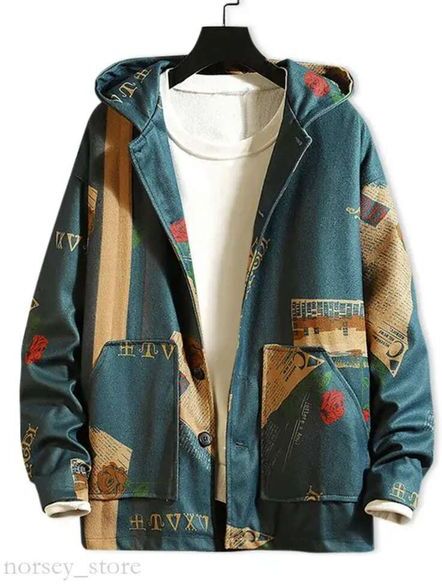 Newspaper Flower Letter Graphic Print Hooded ZAFUL Jacket Cotton Men Vintage Print Button Pocket Coat Daily Outdoor Jackets Zaful Puffer 584