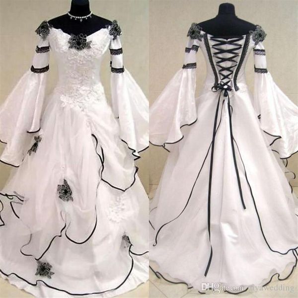 Renaissance Vintage Black and White Medieval Wedding Dresses Vestido De Novia Celtic Bridal Gowns with Fit and Flare Sleeves Flowe238h