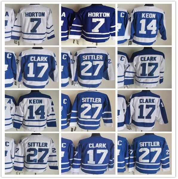 Men Vintage Toronto Hockey CCM Retro Jerseys 17 Wendel Clark 27 Darryl Sittler 14 Dave Keon 7 Tim Horton 1 Johnny Bower Stitched Blue White