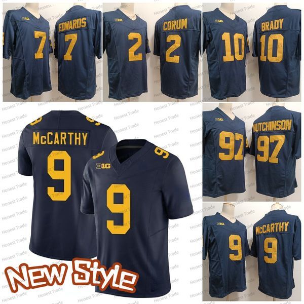 Michigan Wolverines College Football Jerseys 9 J.J. Mccarthy 7 Donovan Edwards Tom Brady Aidan Hutchinson Blake Corum Yellow Navy Mens Football Jersey 2024