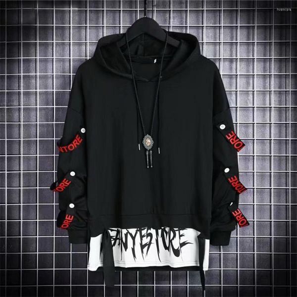 Men&#039;s Hoodies Men Sweatshirt Hip Hop Long Sleeves Youthful Cool Warm Strap Decor Letter Print Hooded Elastic Cuff Autumn Hoodie Daily