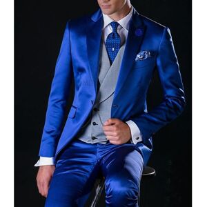 Men&#039;s Suits & Blazers Royal Blue Satin Men For Wedding With Gray Waistcoat Slim Fit Groom Tuxedos Male Fashion 3 Pieces (Jacket+vest+Pants)