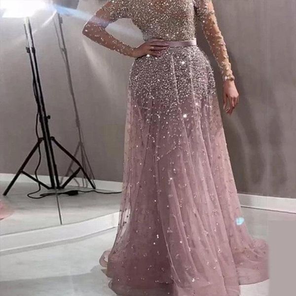 Fashion-Casual Dresses Women Elegant Formal Evening Party Mesh Long Sleeve High Waist Sequins Shiny Wedding Dress 2021 Top Quality Vestidos1