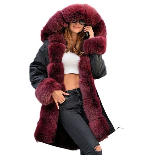 New Winter Coat Women Long Jacket Real Fur Coats Plus Size Jacket Large Fox Fur Collar Detachable Faux Rabbit Fur Liner 201212