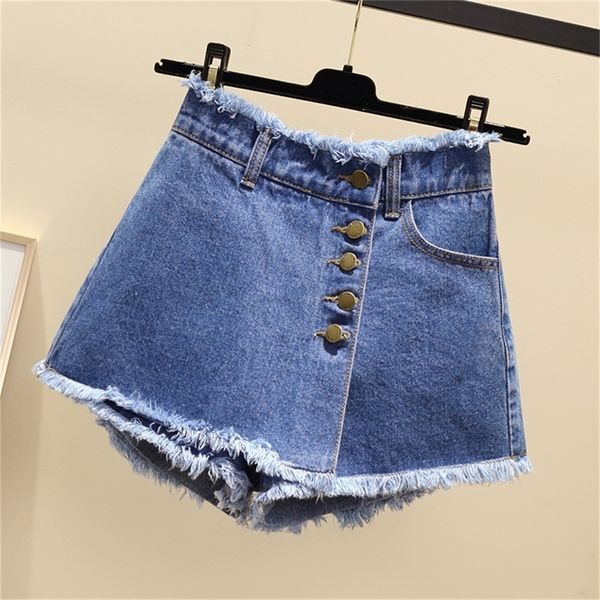 Plus Size Vintage Single Breasted Denim Shorts Women Casual Tassel Ripped Jeans Shorts 2020 Summer Girl Hot Shorts Skirts LJ200815