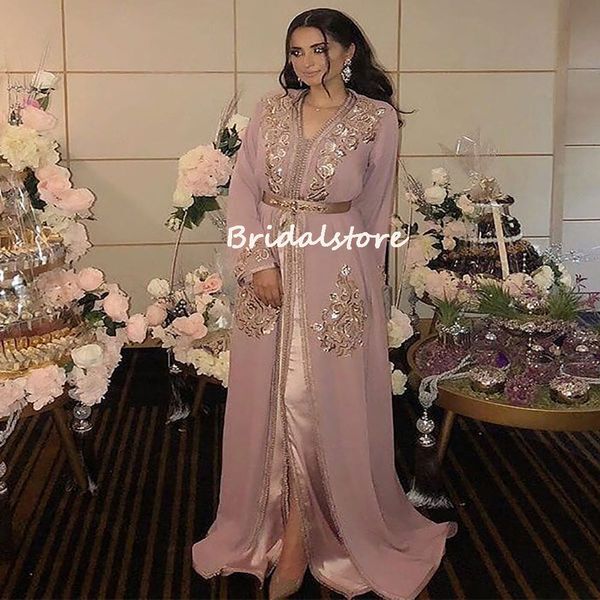 Dusty Pink Caftan Evening Dress 2022 Moroccan Dubai Robe De Soirée Mariage Turish Muslim V Neck Long Sleeve Prom Dress Chic Formal Second Party Reception Dresses