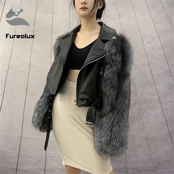 Furealux Short Real Fox Fur Coat With Genuine Sheepskin Natural Leather Wholeskin Fox Fur Jackets Women Winter Fashion Outwear 201212