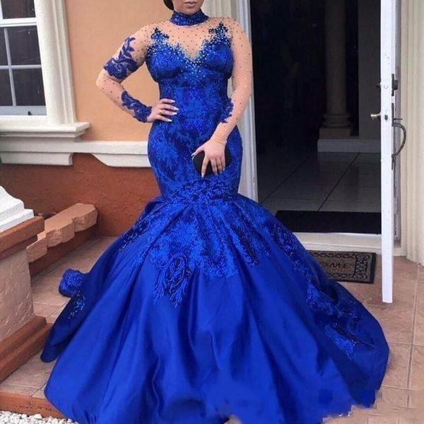 Abiye 2022 Royal Blue Trumpet Prom Dresses High Neck Long Sleeves Lace Sequins Appliques Elegant Women Plus Size Mermaid Formal Gowns Evening Wear