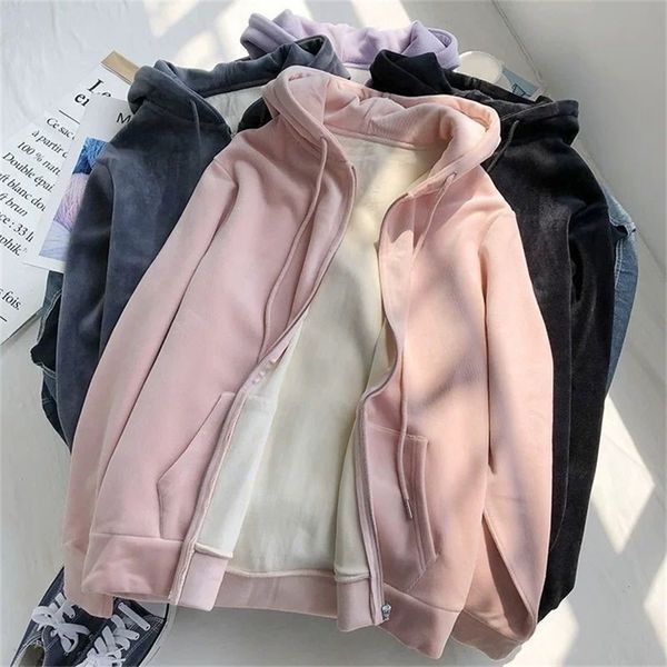 Winter Sweatshirt Women Movement White Tops Hooded Plus Velvet Thick Zipper Up Hoodie Casual Oversized Black Gray Woman Clothes 201216