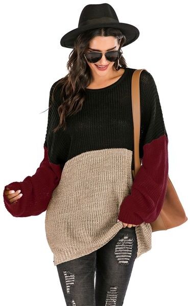 O Neck Long Thin Sweaters 2020 Fall Woman Loose Large Size Winter Clothes for Ladies Color Block Knitted Pullover Jumpers Autumn LJ201126