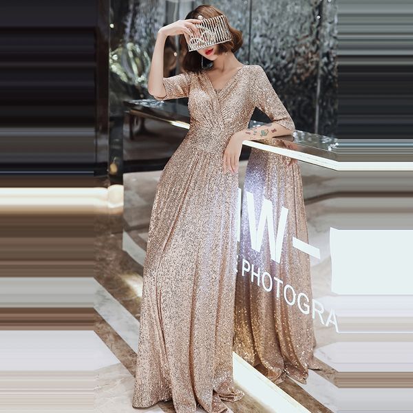 Evening Dress Double V-neck Half-sleeve Women Party Dresses A-line Elegant Robe De Soiree Bling Sequin Formal Gowns LJ201124