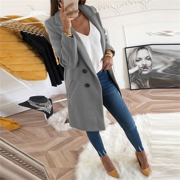 New Women Coat Winter Slim Long Sleeve Turn-Down Collar Autumn Blends Jacket Office Lady Long Wool Coat 3XL Plus Size GV782 201218