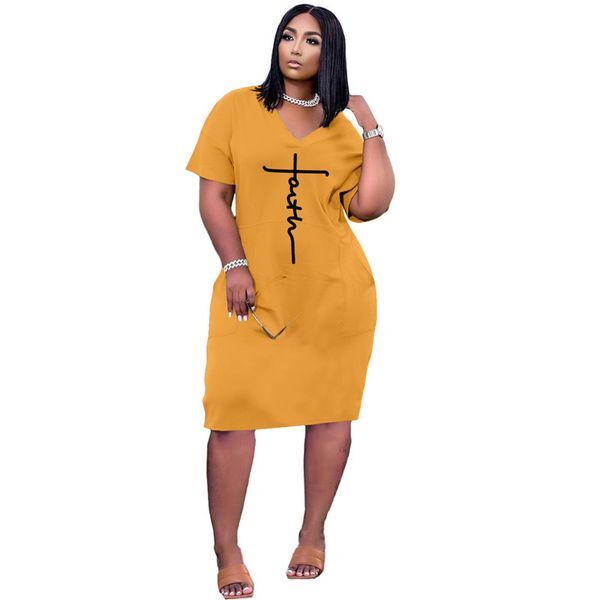 New Summer Faith Dresses Women Plus Size 3XL Bodycon Dress Short Sleeve V Neck Skirt with pockets Casual Black Loose Midi skirts Wholesale clothes 6898