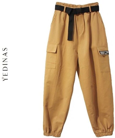 Yedinas Autumn Harem Pants Woman Casual Bf Streetwear Cargo Women Green High Waist With Pocket Trousers Female 210527