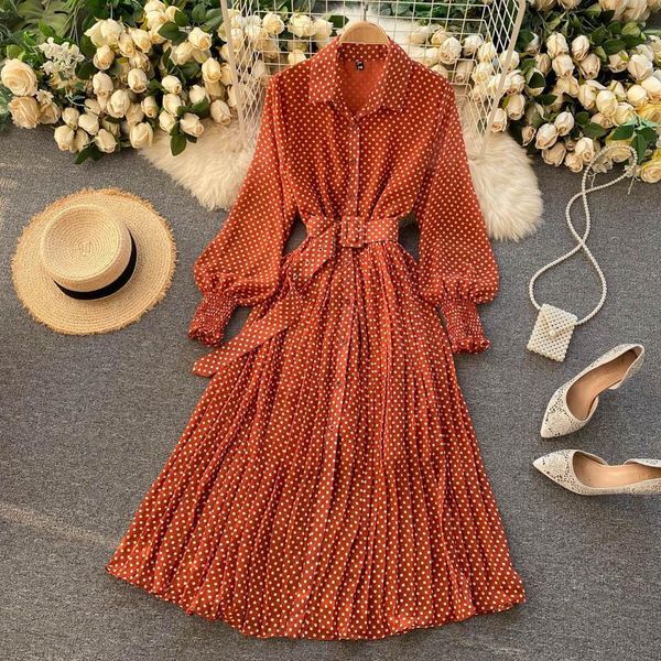 Casual Dresses Women Spring And Summer French Vintage Maxi Dress 2021 Sundress Ladies Polka Dot Chiffon Pleated Femme Robe FT996