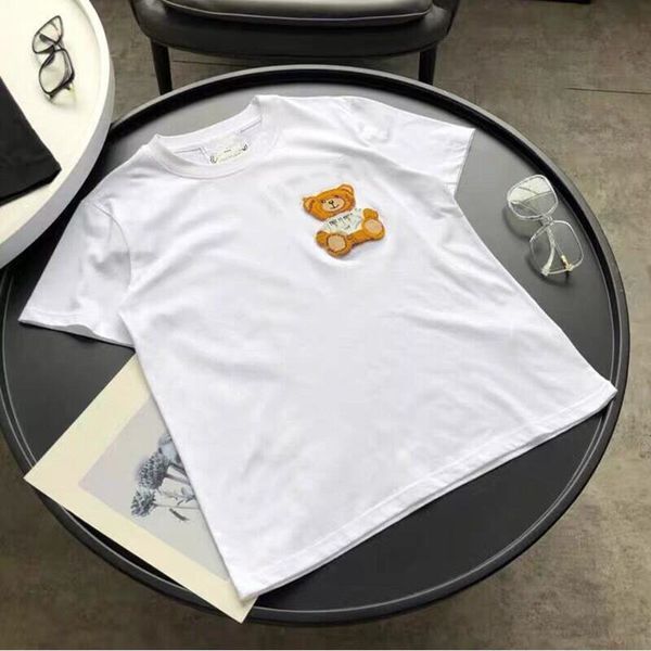 Womens Tops Tees Summer new T-shirt flocking three-dimensional cartoon bear letter embroidery loose short sleeves for men and women QQ5X