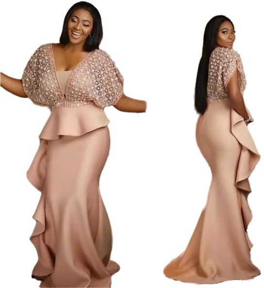 2021 Plus Size African Mermaid Prom Dresses V Neck Ruffles Peplum Short Sleeve Formal Evening Gowns Women Trumpet Special Party Dress