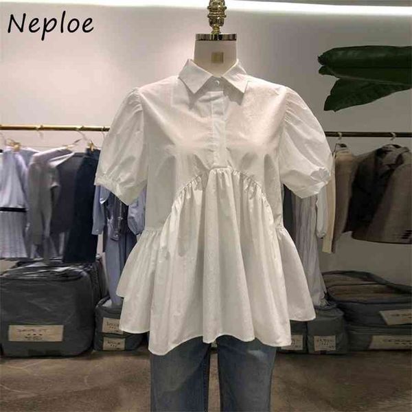 Neploe Elegant Fashion Short Sleeve White Shirt Women Solid Color Turn Down Collar Blouse Female Korean Style Blusas Mujer 1E655 210719