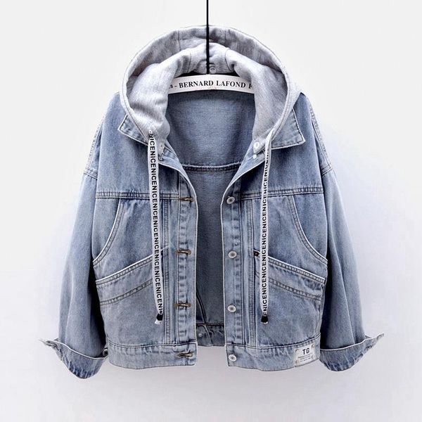 Women&#039;s Jackets 2021 Autumn Denim Coat Loose Korean Woman Long Sleeve Bf Hooded Jacket Big Pocket Top Couple Outfit Jean