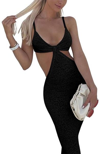 Summer Women Bodycon Dresses Sleeveless Cotton Rib Knitted Spaghetti Strap Cutout Sexy Club Long Pencil Dress