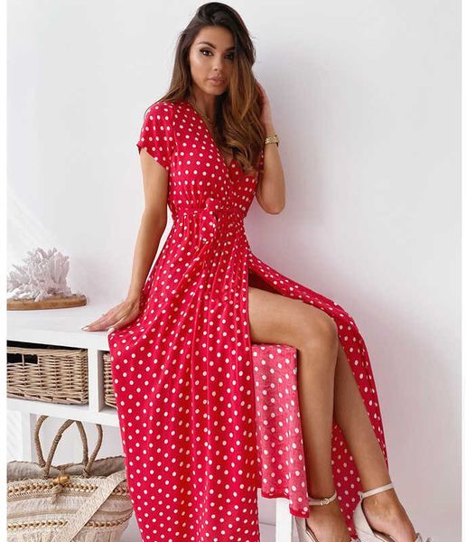 Women Dresses Summer Fashion Sexy V-Neck Polka Dot Print Split Boho Dress Women Clothing Casual Beach Vacation Long Dresses 210527