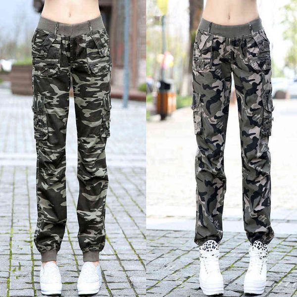 Womens Workout Camouflage Military Harem Cargo Jeans Pants Denim Overalls Beam Baggy Pant Ladies Loose Multi-pocket Trousers 211124