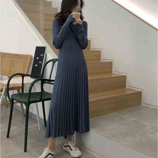 Sweater Women Pleated Dress Autumn Winter Long Dresses Women Long Sleeve Knitted Maxi Dress G1214