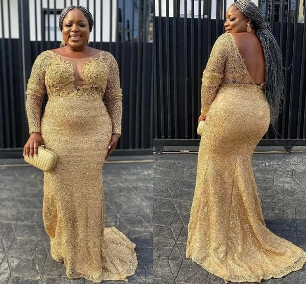 Arabic african Women Gold Lace Special Occasion Prom Dresses Plus Size Long Sleeve Boat Neckline V Open Back Formal Evening Dress