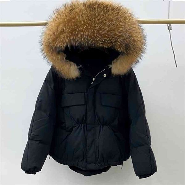 Huge Natural Raccoon Fur Hooded Winter Down Coat Women Waterproof White Duck Down Jacket Puffer Female Feather Parkas 210819