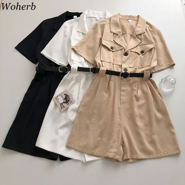 Women Jumpsuit Summer Fashion Korean Short Wide Leg Pants Playsuit Casual Loose Romper with Belt Streetwear Bodysuit 210422