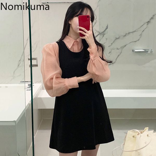 Nomikuma Korean Chic Women 2pieces Sets Turn-down Collar Single Breasted Puff Sleeve Blouse + A-line Tank Dress New Suits 6E361 210427