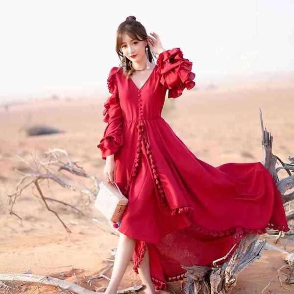 YOSIMI Summer Maxi Cotton and Linen Vintage Long Women Dress Party Dresses Female Red V-Neck Off The Shoulder Club Vestido 210604