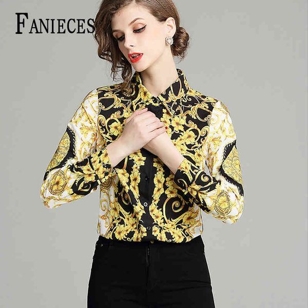 Women Slim Blouses Tops Summer Baroque Print Runway Long Sleeve Shirt Ladies Collar Elegant Vintage Office Shirts work wear 210520