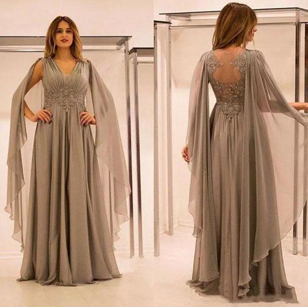 Elegant Long Arabic Evening Dresses Cape Sleeves New 2022 Chiffon Lace Appliques Sexy Illusion Back Prom Party Gowns Women Formal Wear Plus Size Mother Dress