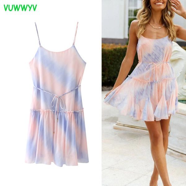 VUWWYV Tie Dye Slip Backless Woman Dresses Summer Sexy Thin Straps Party Mini Dress Women Front Tied Pleated Hem Vestido 210430