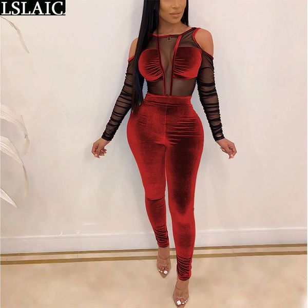 Women Jumpsuits Mesh See Through Patchwork Off Shoulder Hollow Out Woman Clothes Sexy Clubwear Fashion Bodysuit 210520