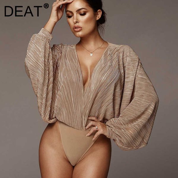 DEAT Women Pleated Loose V-neck Long Sleeves Jumpsuit Solid Color Fashion Temperament Spring Summer 11D1328 210709