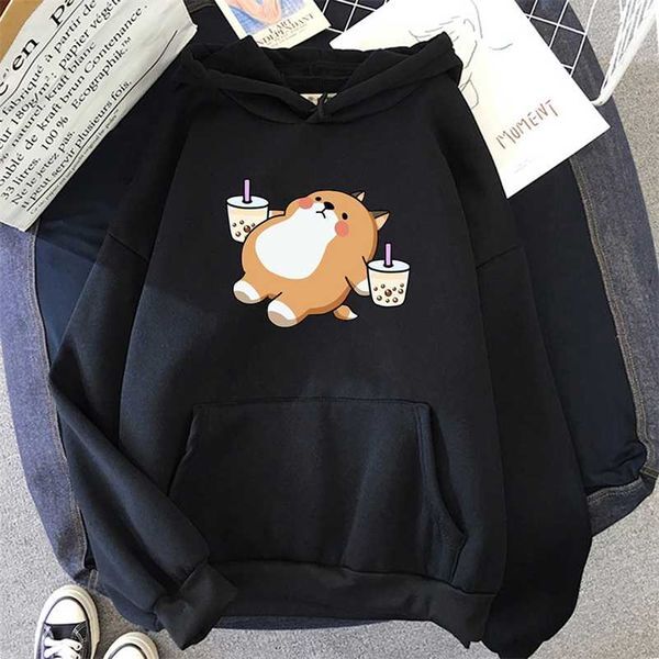 Boba Tea Hoodie Cute Dog Hooded Sweatshirt Harajuku Hoodies Lovely Kawaii Casual Hoody O-Neck Women&#039;s Clothes 211019