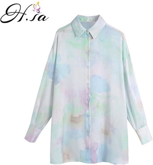 Hsa Women Summer Shirt Fashion Tie-dye Print Loose Blouse Vintage Long Sleeve Button-up Female Shirts Blusas Chic Tops 210430