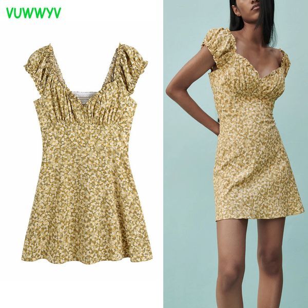 Summer Dress Yellow Floral Print Mini es Women Short Puff Sleeve Pleated Backles Woman Vintage Vestidos 210430